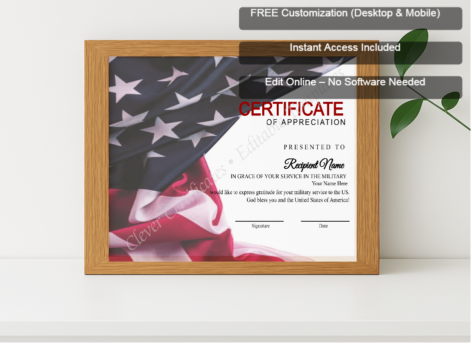 Premium mockup with Free Editor badge stack for Editable Simple Usa Flag Certificate Of Appreciation 