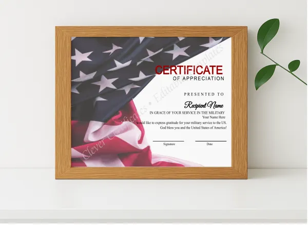 Realistic mockup featuring Editable Simple Usa Flag Certificate Of Appreciation  displayed within a modern frame, set against a minimalistic background.