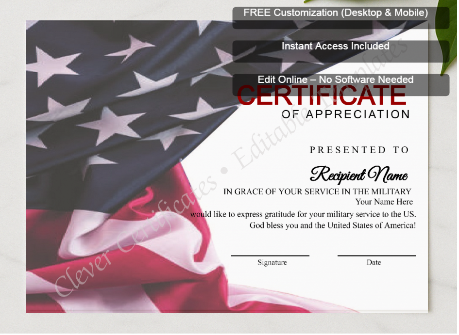 Framed preview featuring Free Editor badge stack for Editable Simple Usa Flag Certificate Of Appreciation 