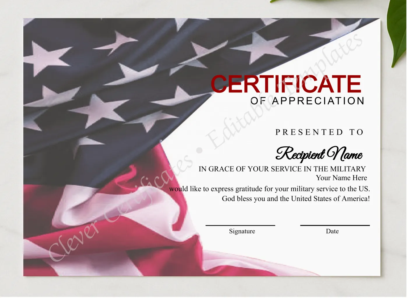 Editable Simple Usa Flag Certificate Of Appreciation presented in a sleek wooden frame, elegantly arranged on a stylish table.