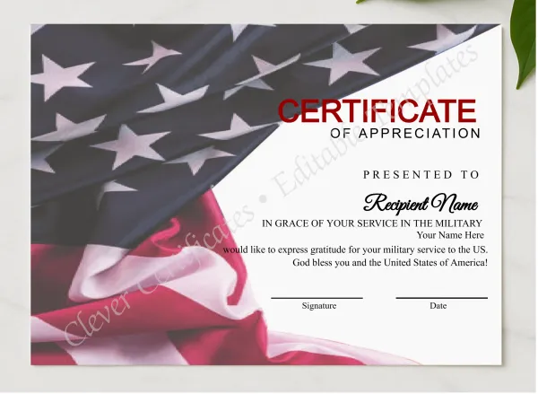 Editable Simple Usa Flag Certificate Of Appreciation  presented in a sleek wooden frame, elegantly arranged on a stylish table.