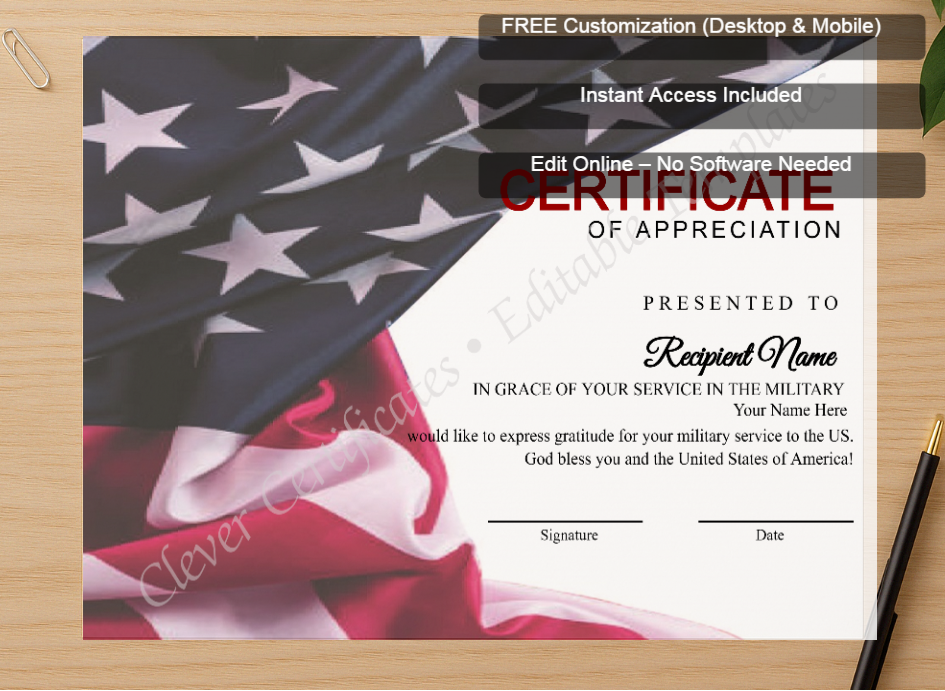 Zoomed preview with Free Editor badge stack for Editable Simple Usa Flag Certificate Of Appreciation 
