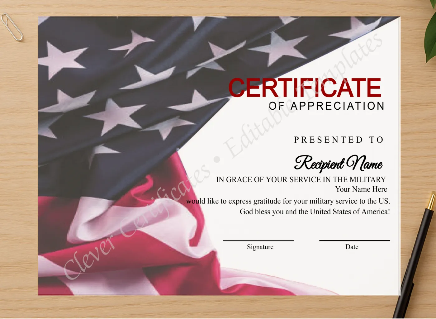 Professional preview of Editable Simple Usa Flag Certificate Of Appreciation certificate on high-quality stationery paper, ideal for showcasing the final look.