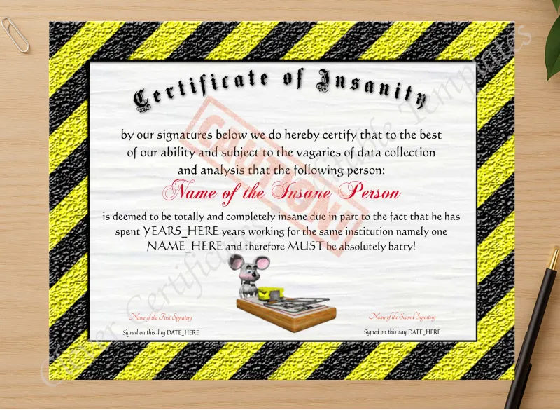 Professional preview of Certificate Of Insanity certificate on high-quality stationery paper, ideal for showcasing the final look.