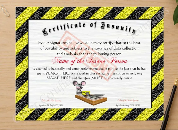 Professional preview of Certificate Of Insanity certificate on high-quality stationery paper, ideal for showcasing the final look.