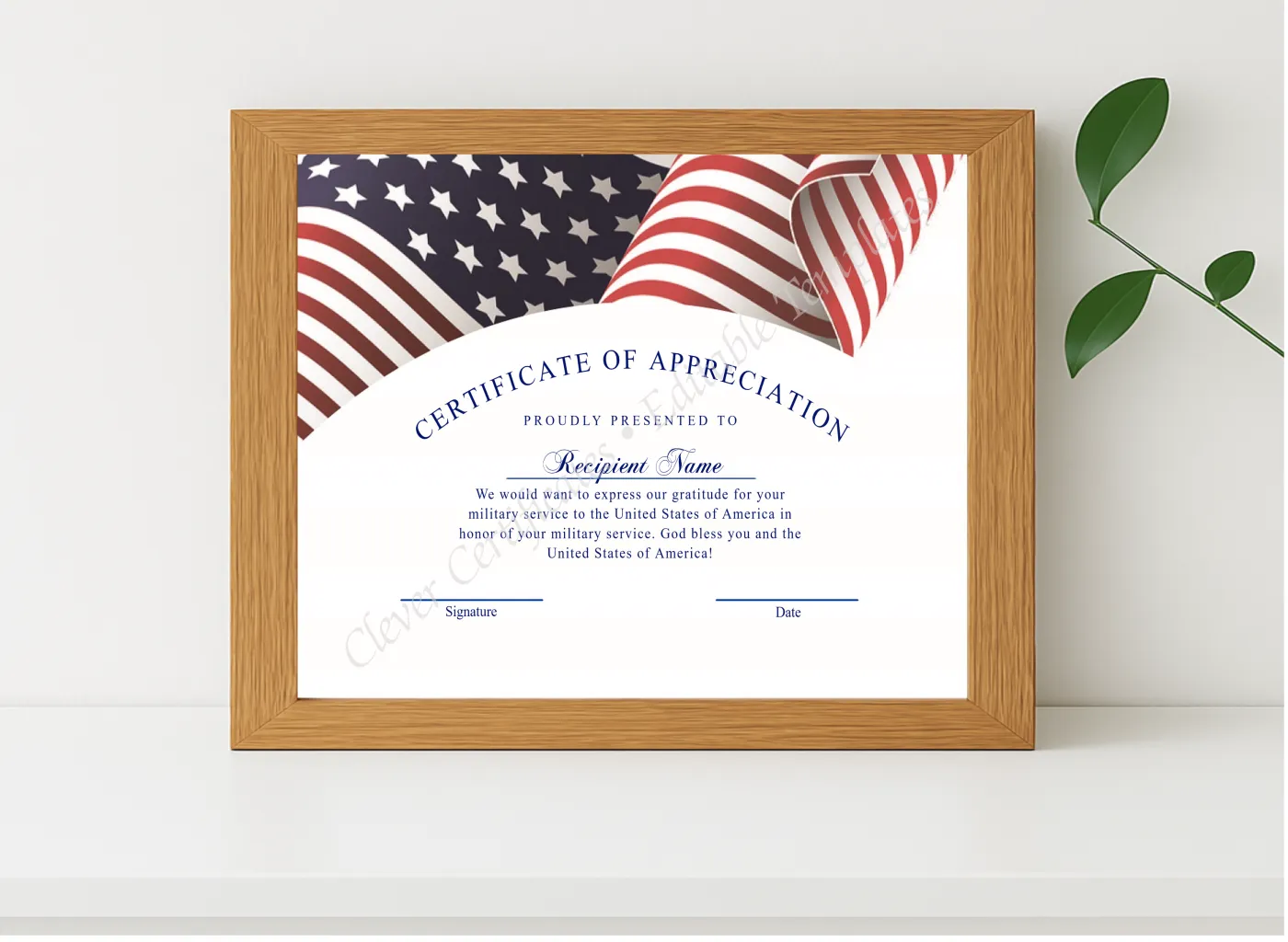 Realistic mockup featuring Editable Modern Usa Flag Appreciation Certificate displayed within a modern frame, set against a minimalistic background.