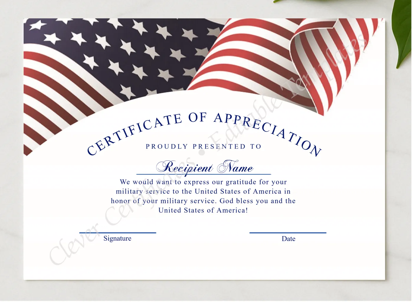 Editable Modern Usa Flag Appreciation Certificate presented in a sleek wooden frame, elegantly arranged on a stylish table.