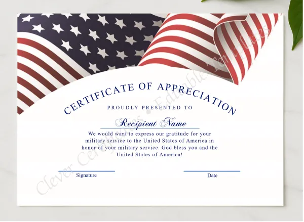 Editable Modern Usa Flag Appreciation Certificate presented in a sleek wooden frame, elegantly arranged on a stylish table.