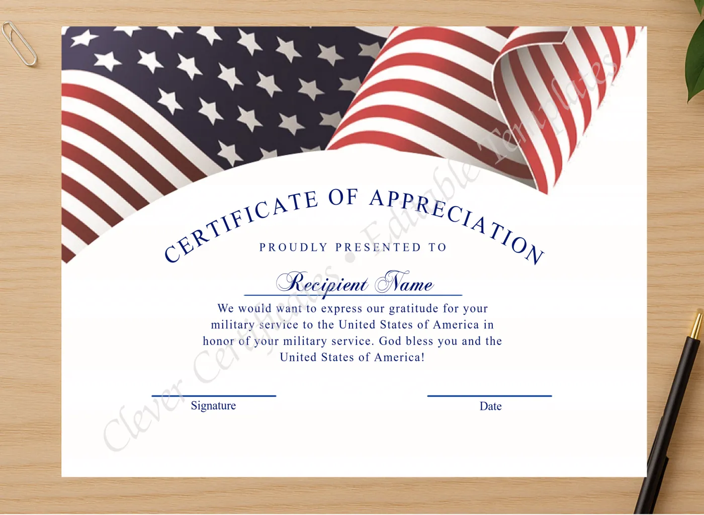 Professional preview of Editable Modern Usa Flag Appreciation Certificate certificate on high-quality stationery paper, ideal for showcasing the final look.