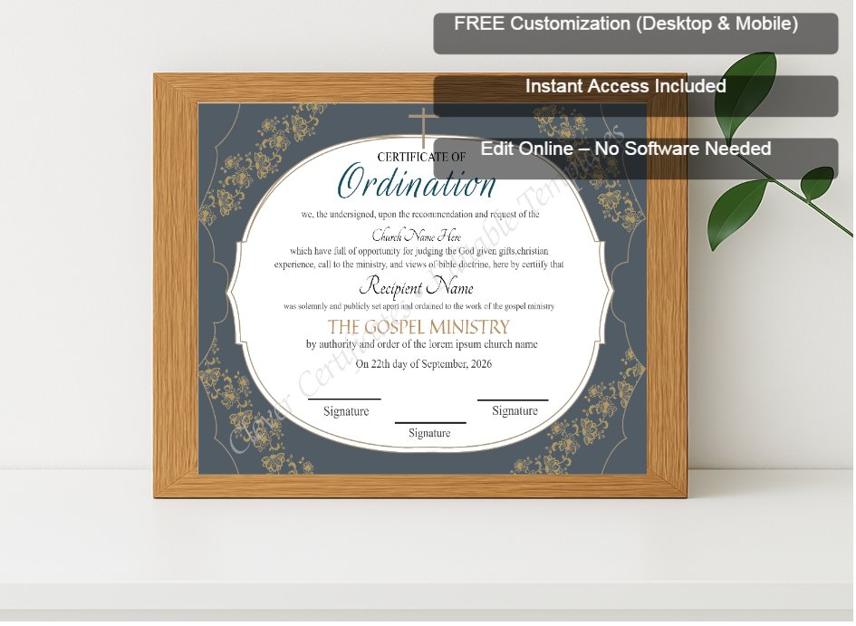 Premium mockup with Free Editor badge stack for Editable Ordination Certificate 2