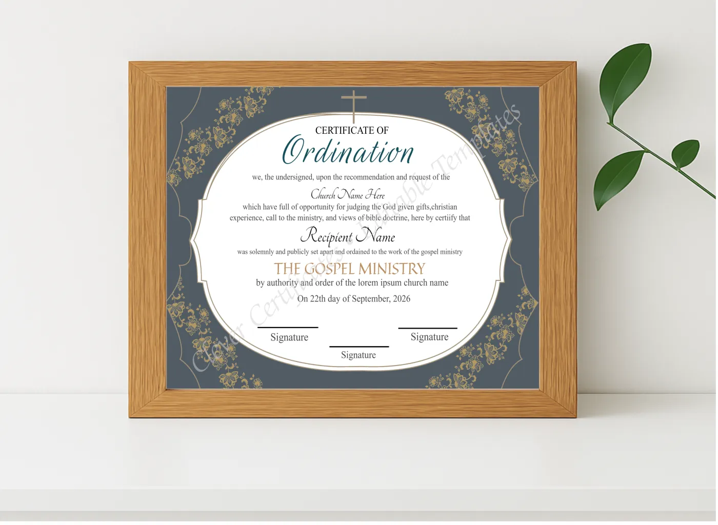 Realistic mockup featuring Editable Ordination Certificate 2 displayed within a modern frame, set against a minimalistic background.