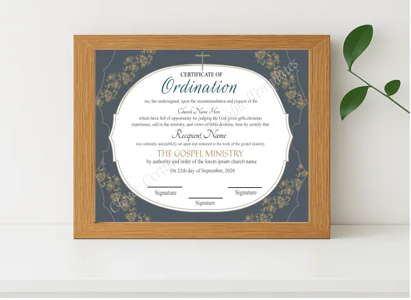 Realistic mockup featuring Editable Ordination Certificate 2 displayed within a modern frame, set against a minimalistic background.