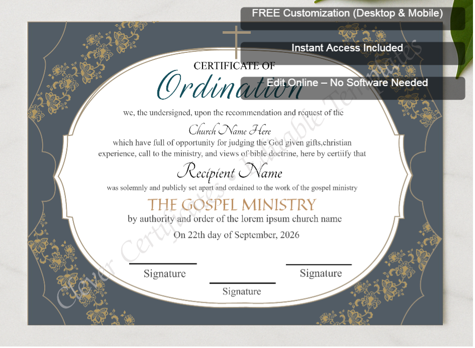 Framed preview featuring Free Editor badge stack for Editable Ordination Certificate 2
