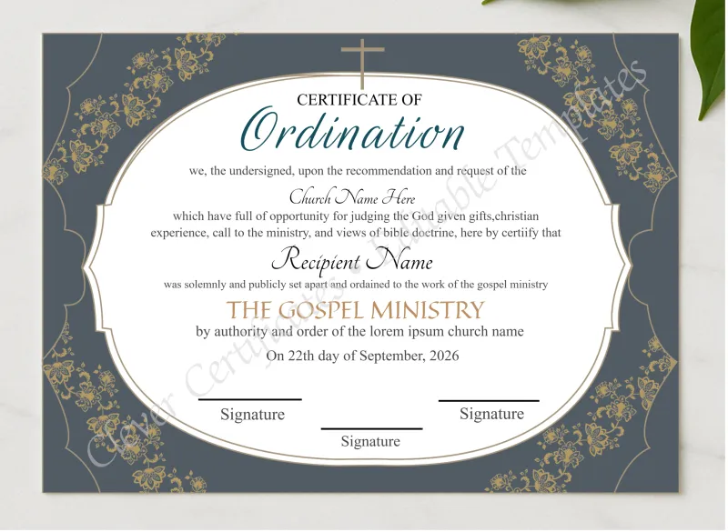 Editable Ordination Certificate 2 presented in a sleek wooden frame, elegantly arranged on a stylish table.