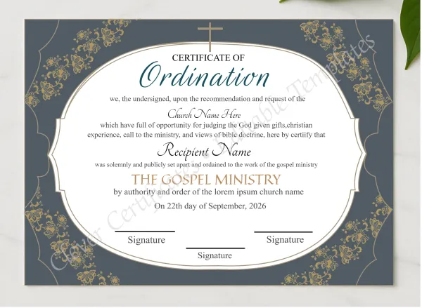 Editable Ordination Certificate 2 presented in a sleek wooden frame, elegantly arranged on a stylish table.