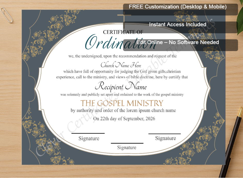 Zoomed preview with Free Editor badge stack for Editable Ordination Certificate 2