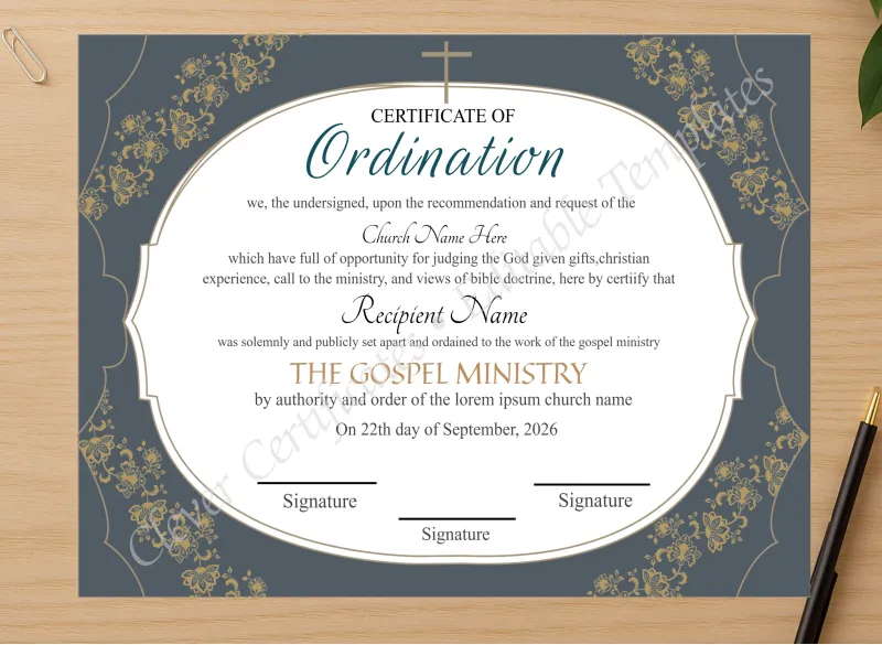 Professional preview of Editable Ordination Certificate 2 certificate on high-quality stationery paper, ideal for showcasing the final look.