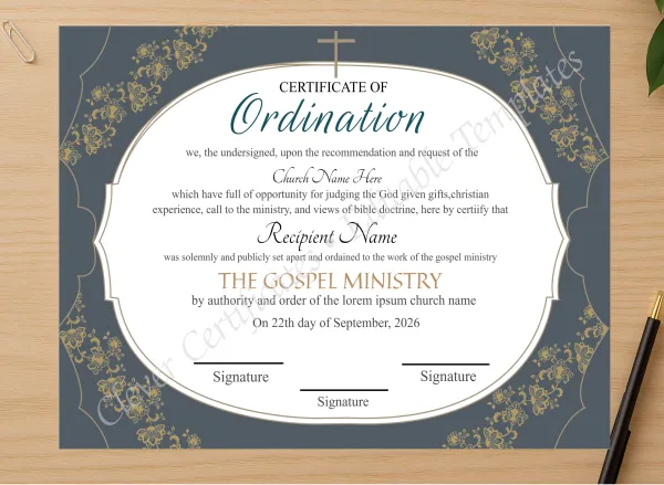 Professional preview of Editable Ordination Certificate 2 certificate on high-quality stationery paper, ideal for showcasing the final look.