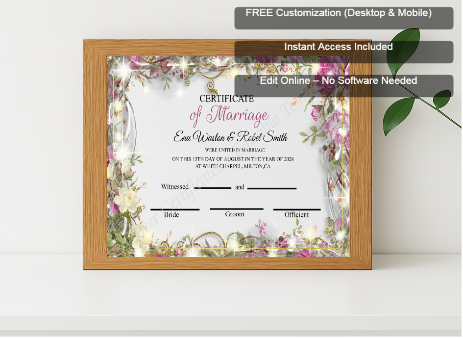 Premium mockup with Free Editor badge stack for Customizeable Marriage Certificate Design