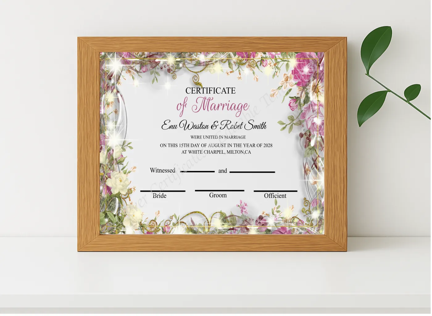 Realistic mockup featuring Customizeable Marriage Certificate Design displayed within a modern frame, set against a minimalistic background.