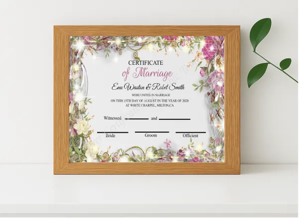 Realistic mockup featuring Customizeable Marriage Certificate Design displayed within a modern frame, set against a minimalistic background.