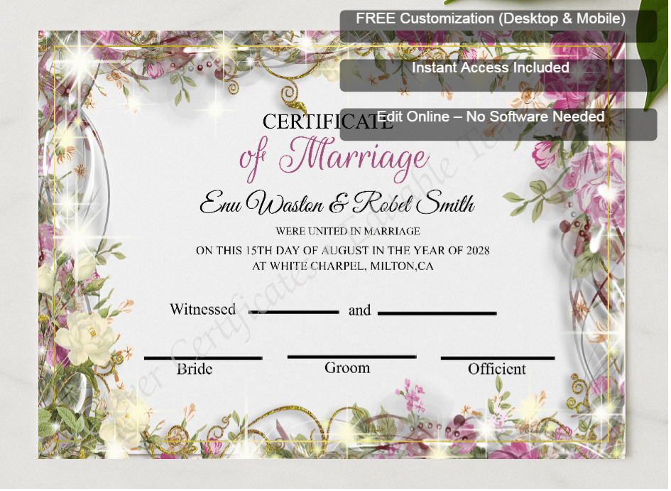 Framed preview featuring Free Editor badge stack for Customizeable Marriage Certificate Design