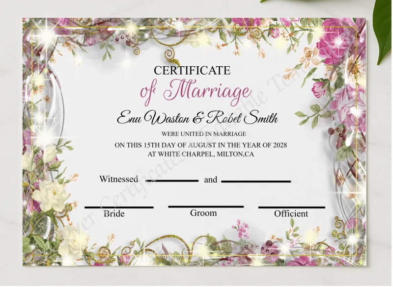 Customizeable Marriage Certificate Design presented in a sleek wooden frame, elegantly arranged on a stylish table.