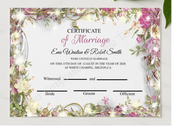 Customizeable Marriage Certificate Design presented in a sleek wooden frame, elegantly arranged on a stylish table.