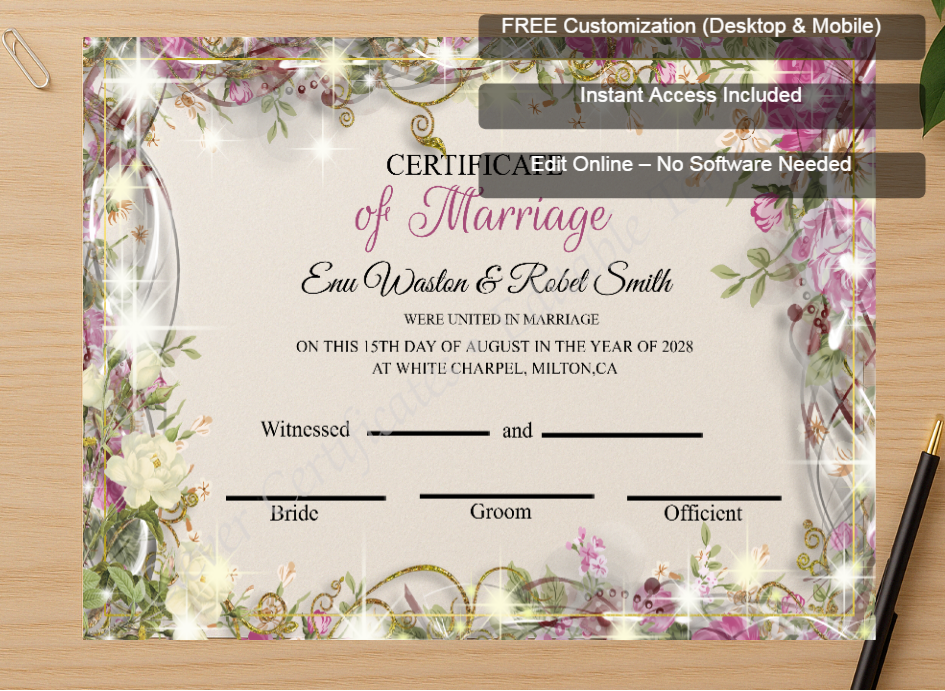 Zoomed preview with Free Editor badge stack for Customizeable Marriage Certificate Design