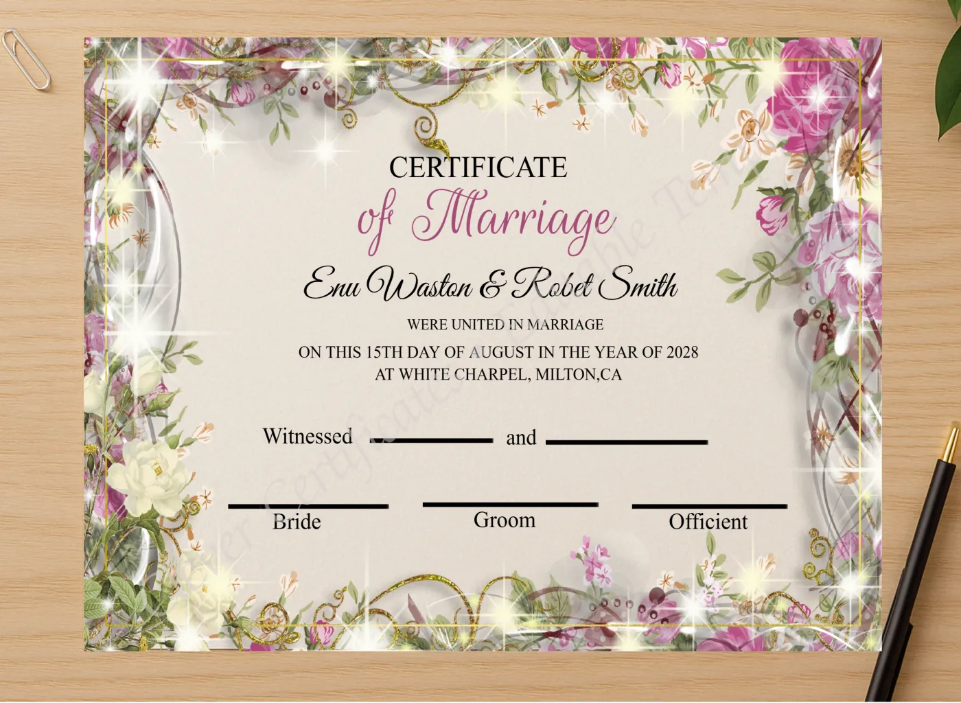 Professional preview of Customizeable Marriage Certificate Design certificate on high-quality stationery paper, ideal for showcasing the final look.