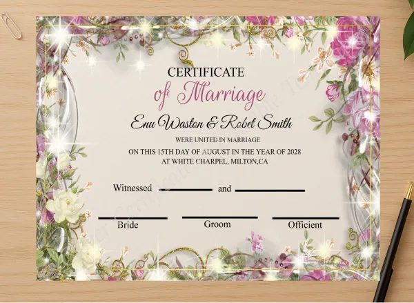 Professional preview of Customizeable Marriage Certificate Design certificate on high-quality stationery paper, ideal for showcasing the final look.