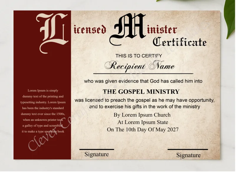 Editable License Certificate Design presented in a sleek wooden frame, elegantly arranged on a stylish table.