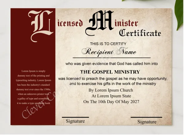 Editable License Certificate Design presented in a sleek wooden frame, elegantly arranged on a stylish table.