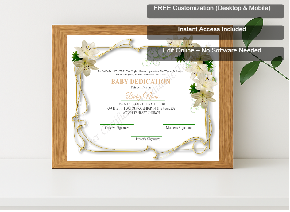 Premium mockup with Free Editor badge stack for Editable Dedication Certificate Design