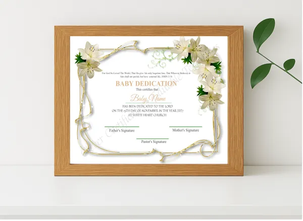 Realistic mockup featuring Editable Dedication Certificate Design displayed within a modern frame, set against a minimalistic background.