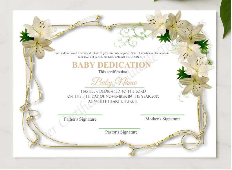 Editable Dedication Certificate Design presented in a sleek wooden frame, elegantly arranged on a stylish table.
