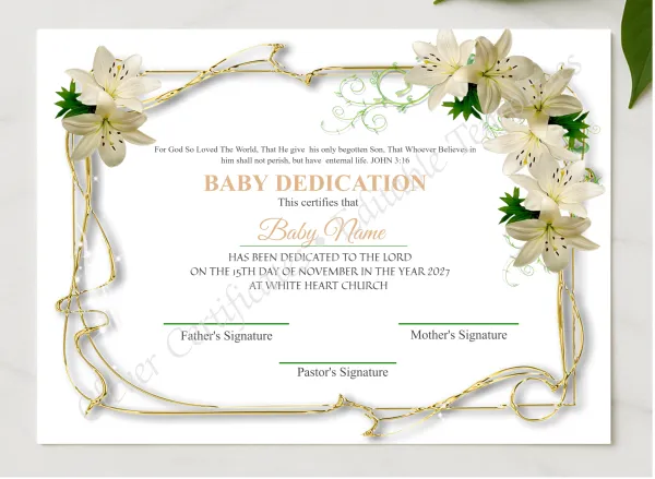 Editable Dedication Certificate Design presented in a sleek wooden frame, elegantly arranged on a stylish table.