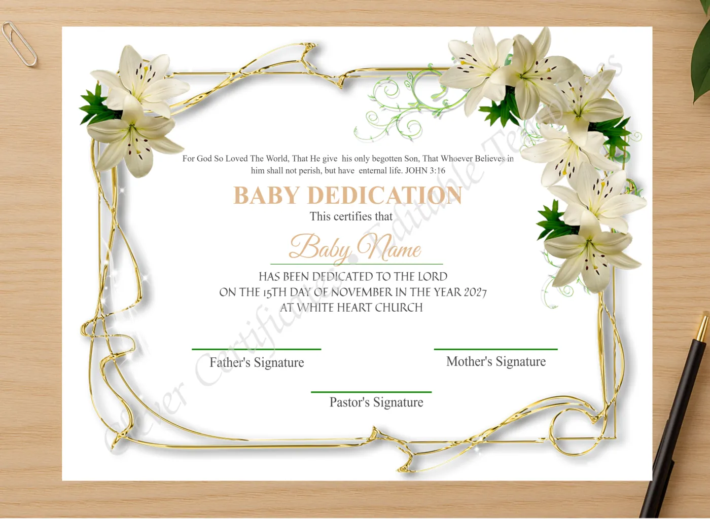 Professional preview of Editable Dedication Certificate Design certificate on high-quality stationery paper, ideal for showcasing the final look.