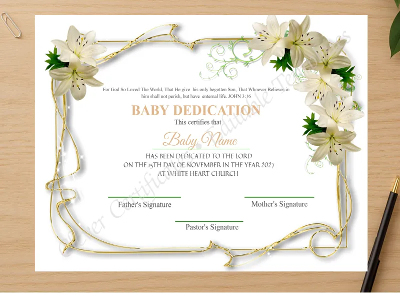 Professional preview of Editable Dedication Certificate Design certificate on high-quality stationery paper, ideal for showcasing the final look.