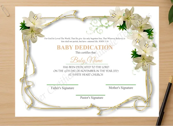 Professional preview of Editable Dedication Certificate Design certificate on high-quality stationery paper, ideal for showcasing the final look.