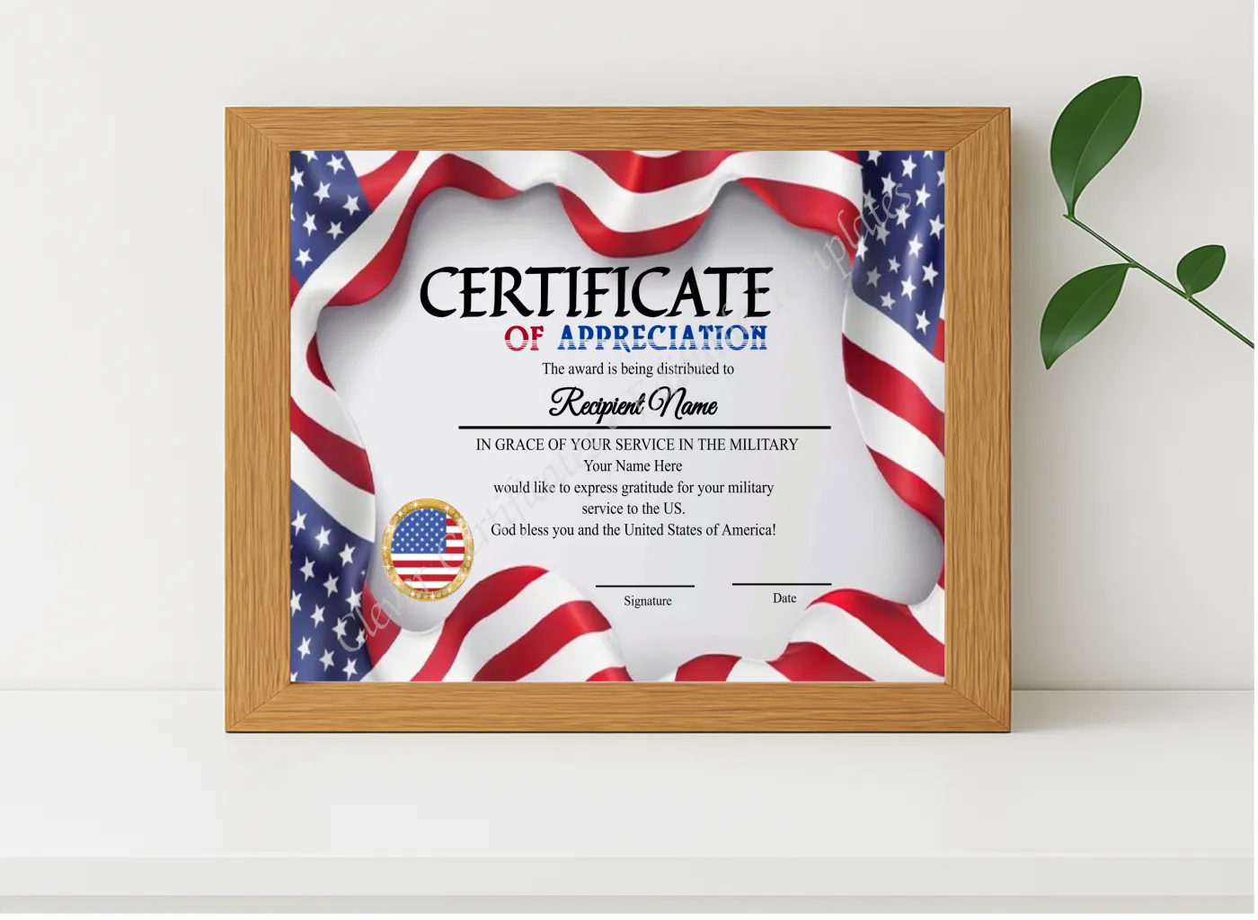 Realistic mockup featuring Editable Flag Border Certificateof Appreciation displayed within a modern frame, set against a minimalistic background.
