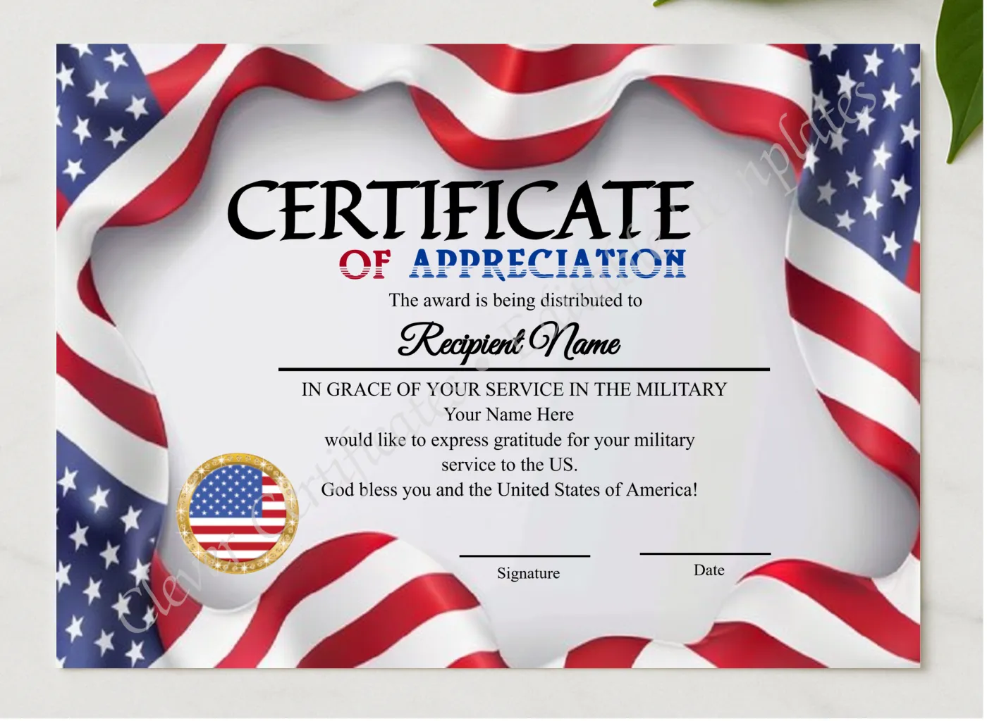 Editable Flag Border Certificateof Appreciation presented in a sleek wooden frame, elegantly arranged on a stylish table.