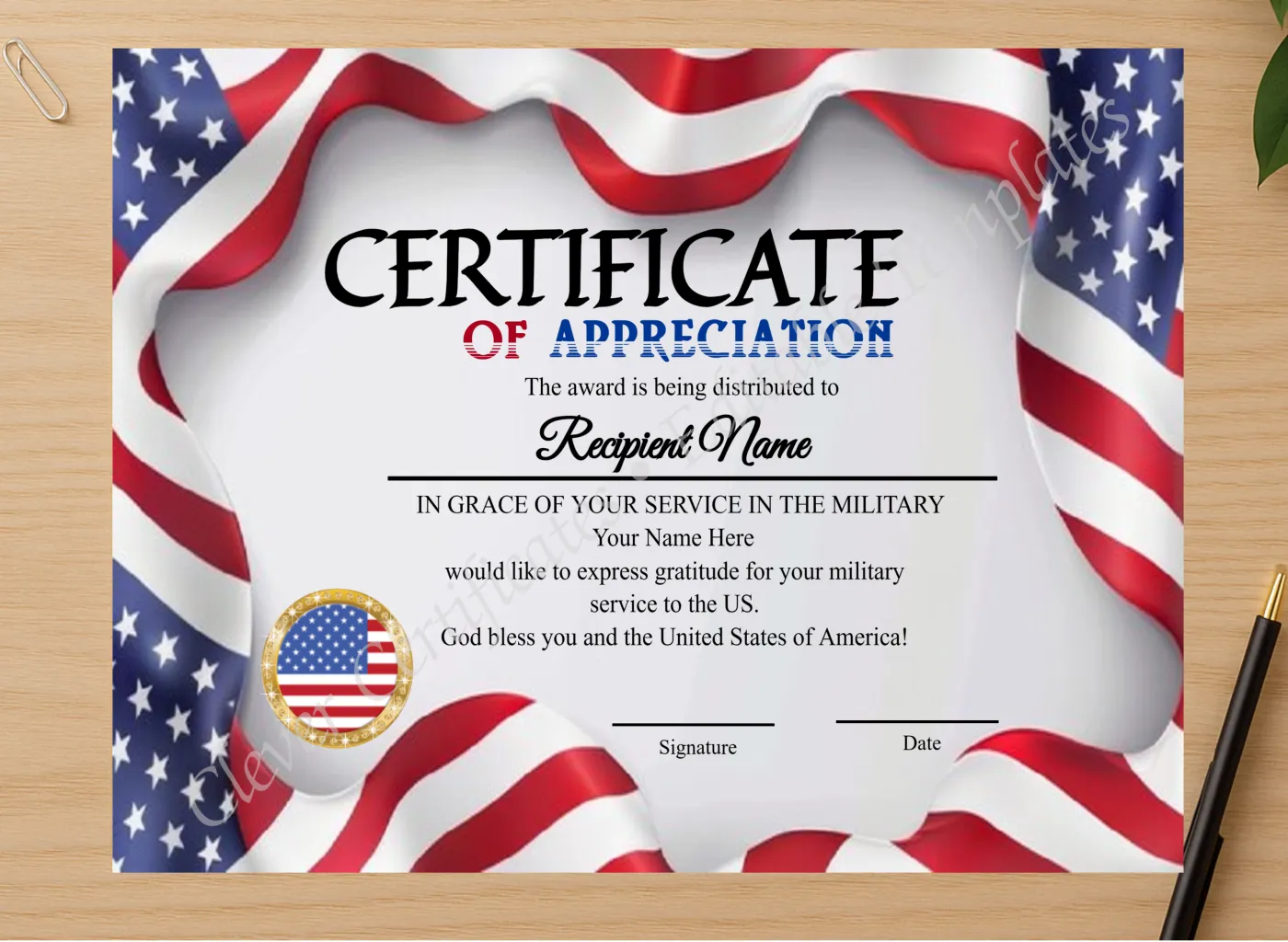 Professional preview of Editable Flag Border Certificateof Appreciation certificate on high-quality stationery paper, ideal for showcasing the final look.