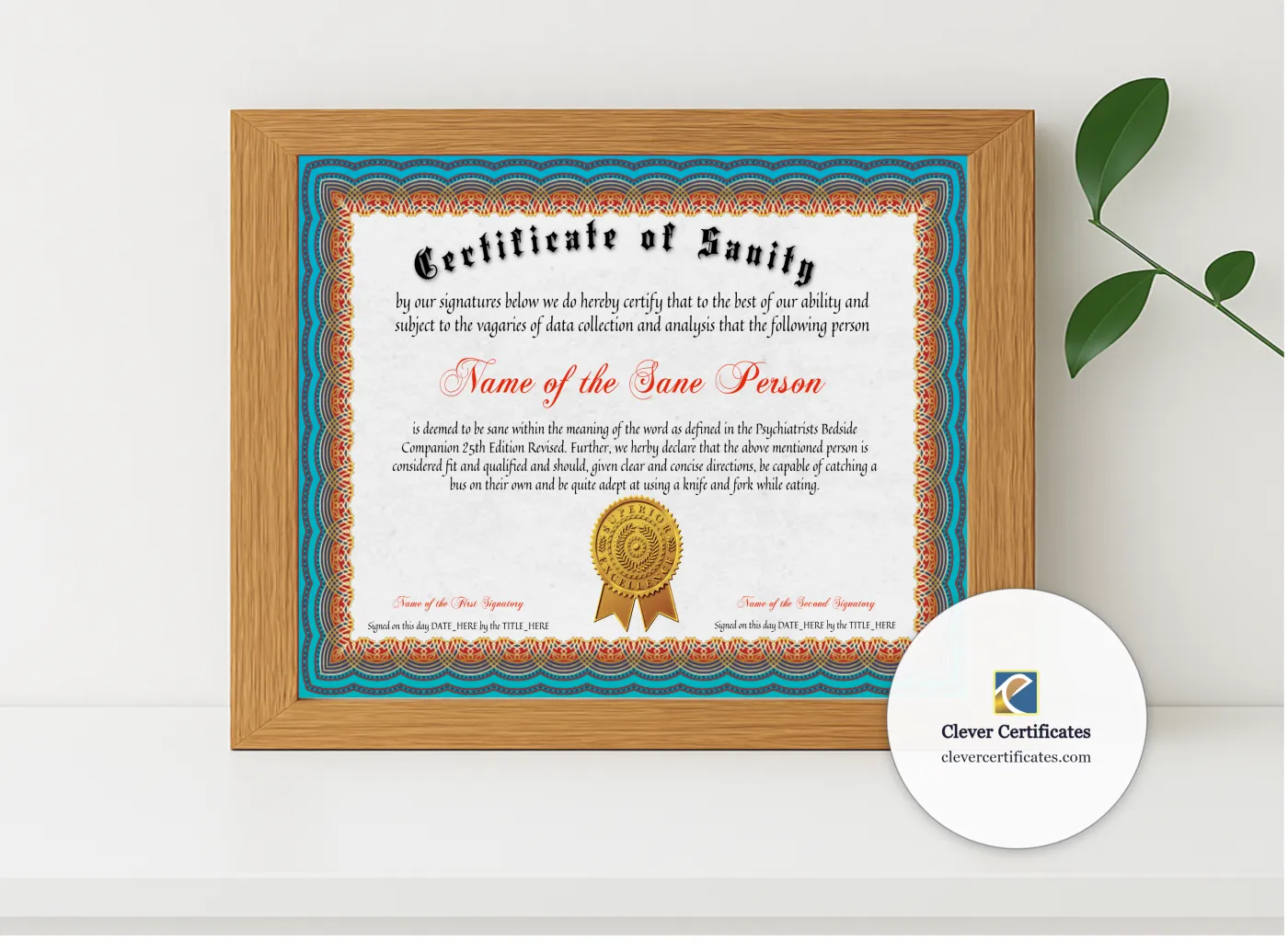 Realistic mockup featuring Certificate Of Sanity displayed within a modern frame, set against a minimalistic background.