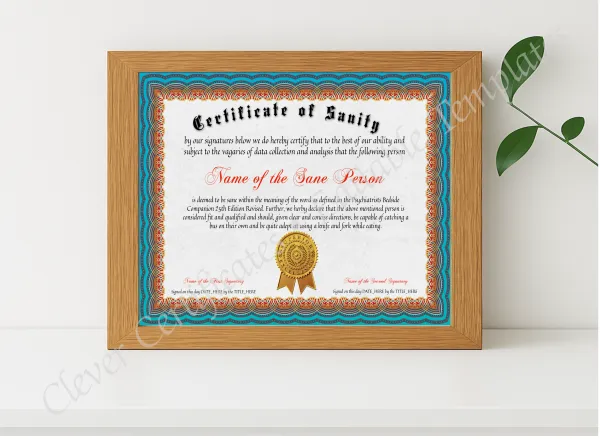 Realistic mockup featuring Certificate Of Sanity displayed within a modern frame, set against a minimalistic background.