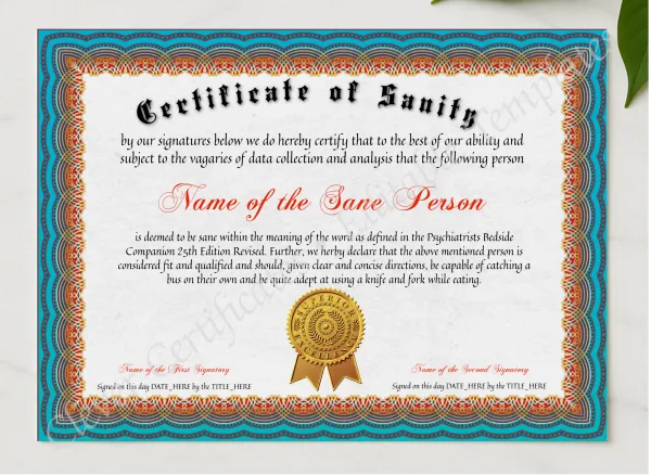 Certificate Of Sanity presented in a sleek wooden frame, elegantly arranged on a stylish table.