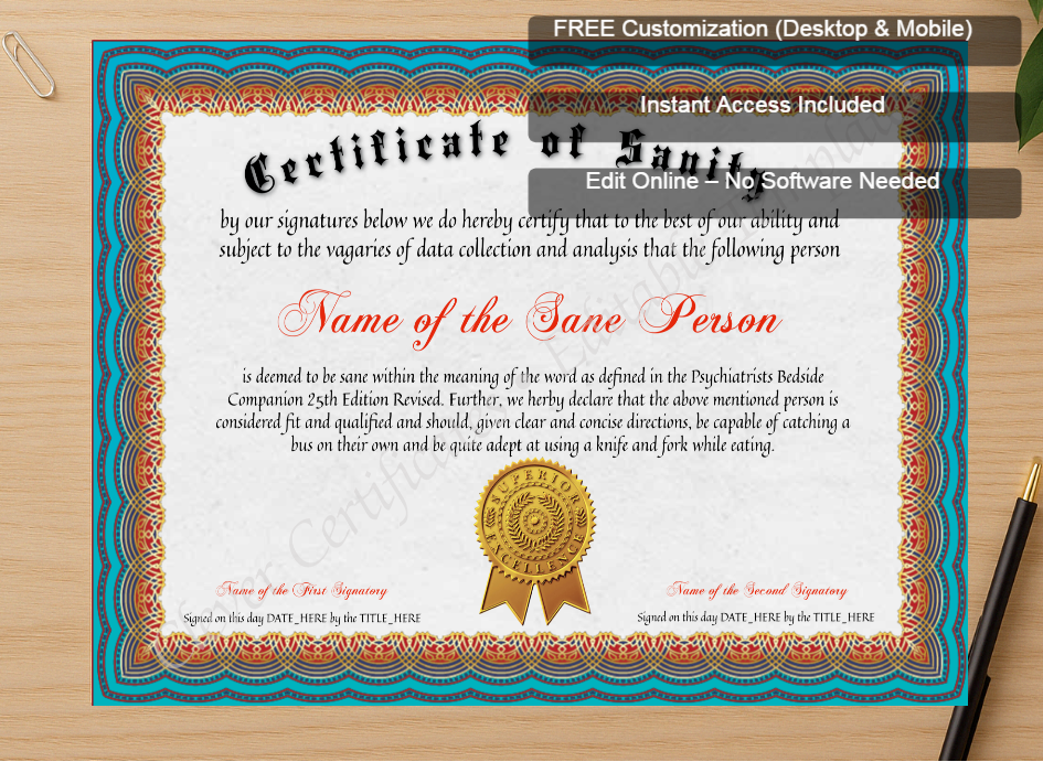 Zoomed preview with Free Editor badge stack for Certificate Of Sanity