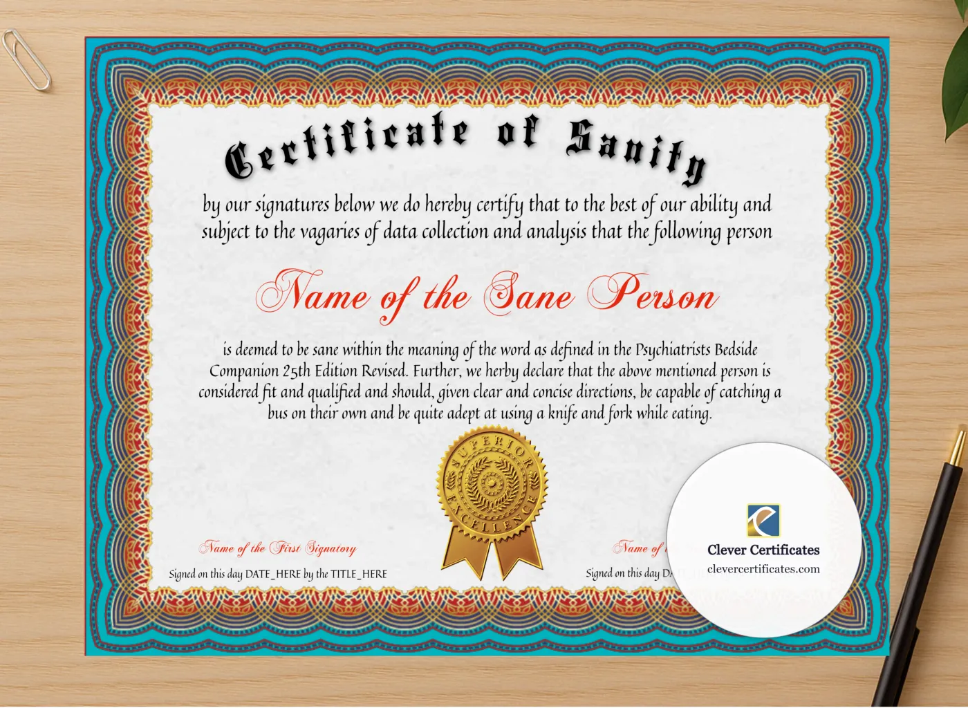 Professional preview of Certificate Of Sanity certificate on high-quality stationery paper, ideal for showcasing the final look.
