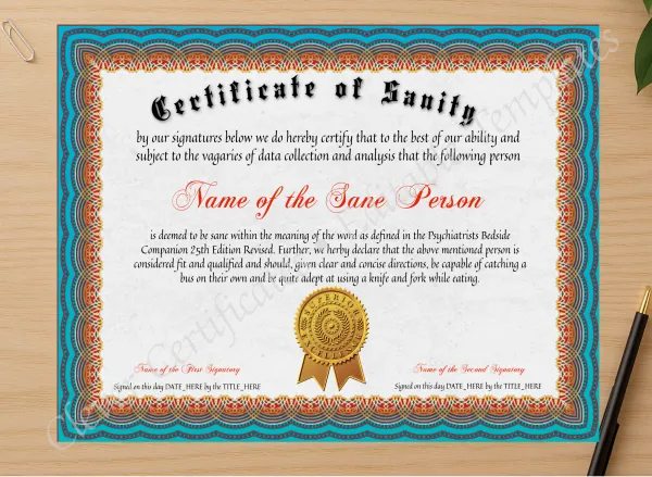 Professional preview of Certificate Of Sanity certificate on high-quality stationery paper, ideal for showcasing the final look.