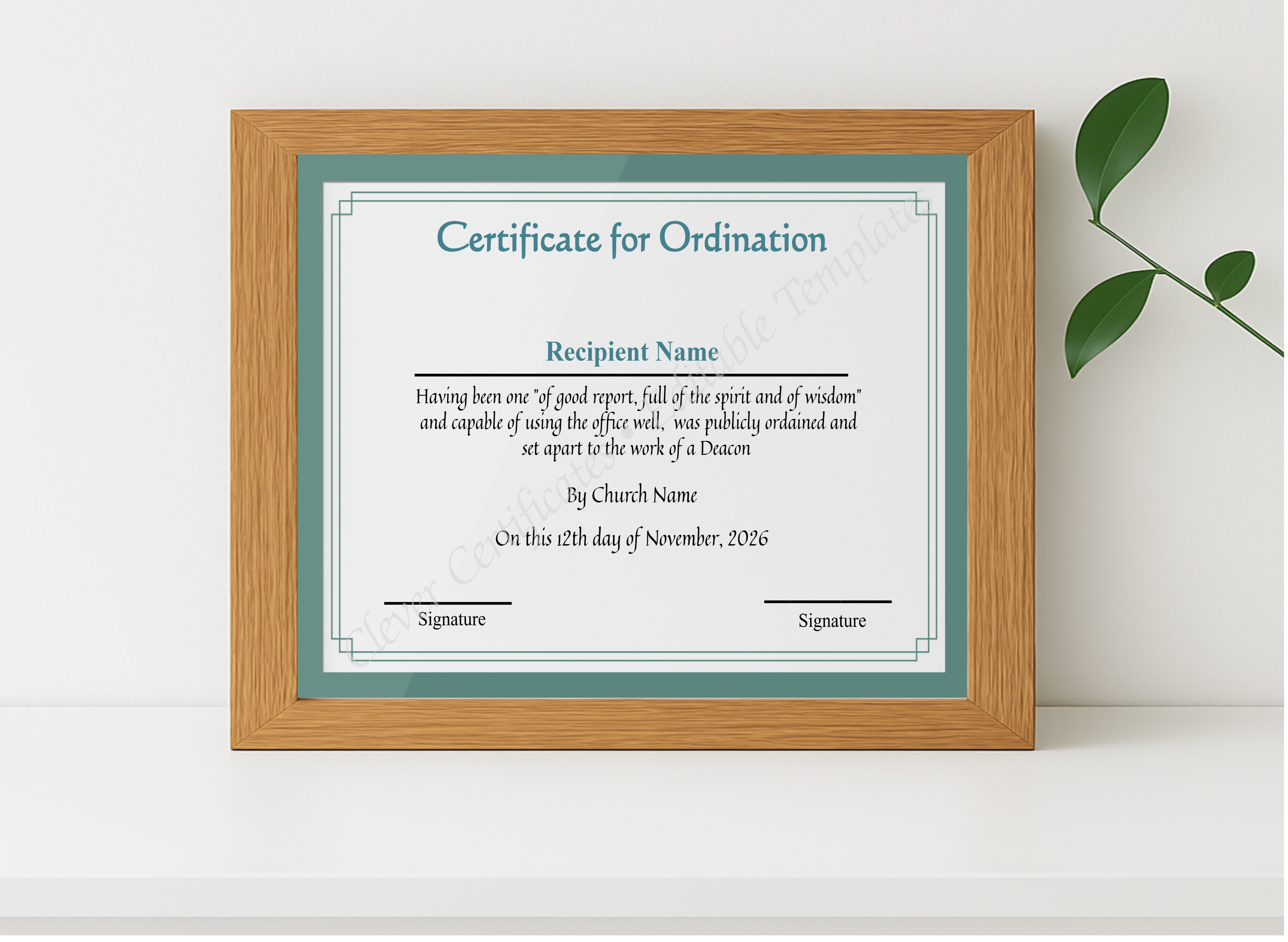 Realistic mockup featuring Editable Deacon Ordination Certificate Template  displayed within a modern frame, set against a minimalistic background.